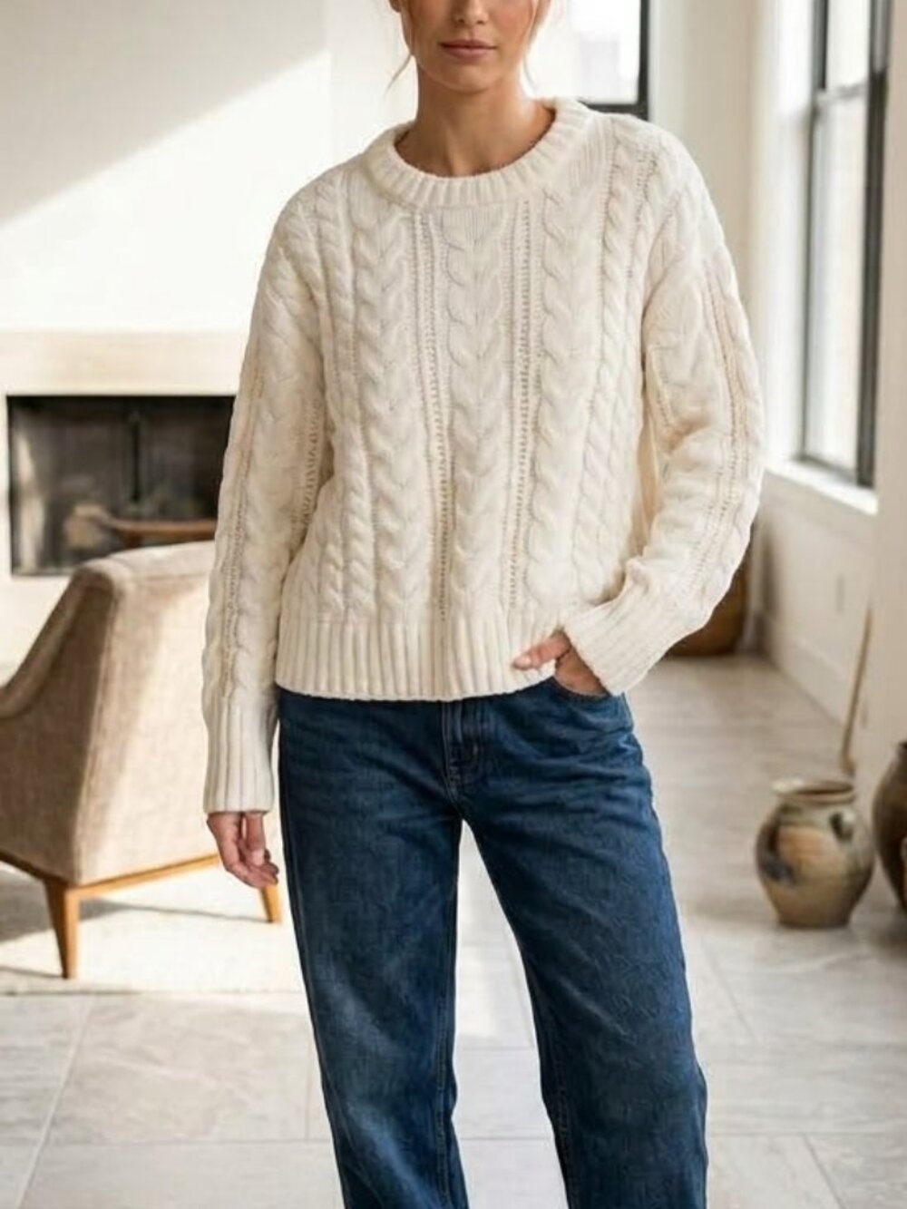 NWT Pink Republic Ivory Chenille Cable Knit Sweater Size Small Classic Cozy